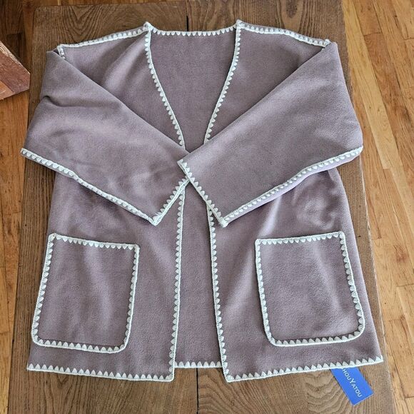 Chou Yaton Womens Small Oversized Wool Coat Jacket Grey With Cream Embroid New - Picture 3 of 6